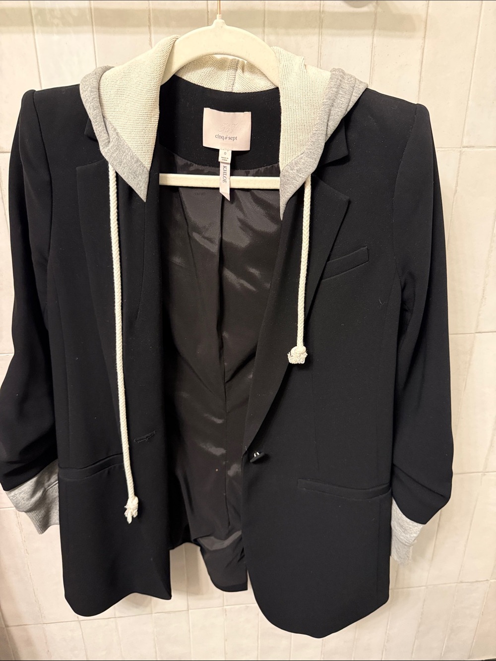 cinq a sept Black Blazer with Gray Hooded Sweatshirt Detail